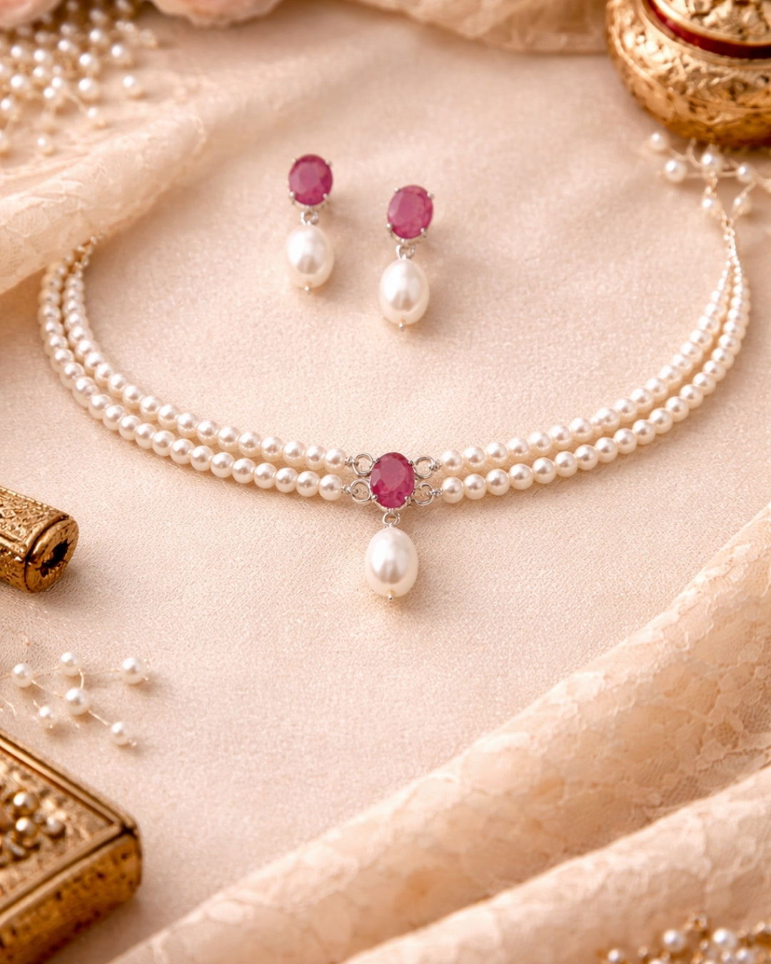 Ruby Pearl Necklace Set