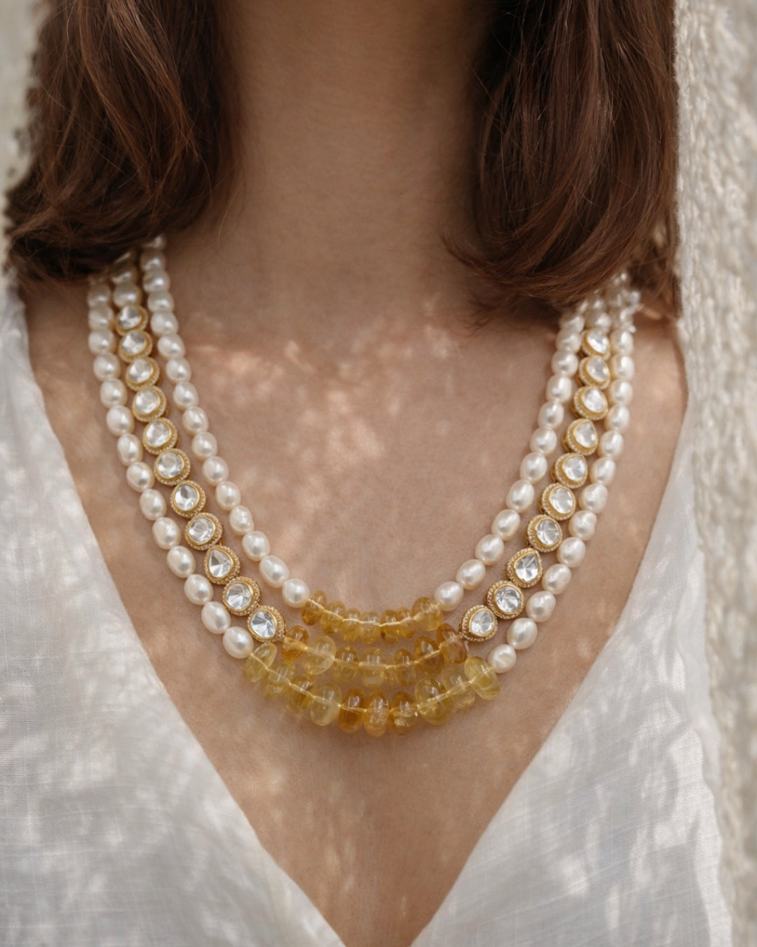 Citrine Polki Pearl Necklace Set