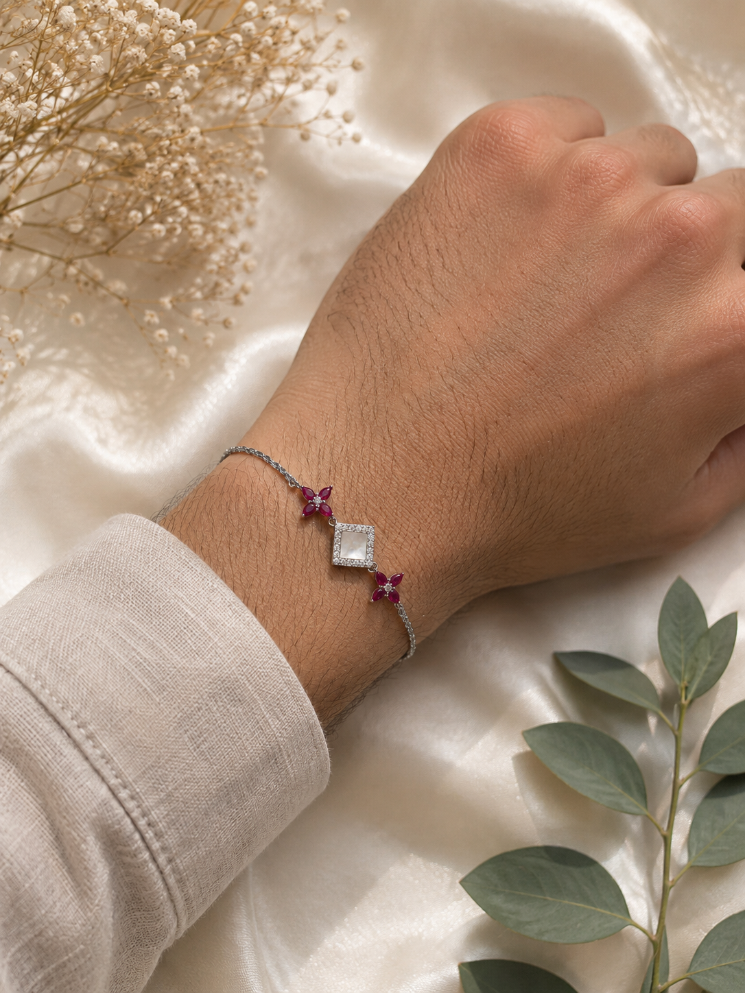 925 Silver Pink Petal Rakhi